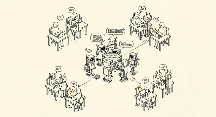 An editorial cartoon: humans at desks calmly working while robots in the center of the office talk to each other and shuttle papers between desks.